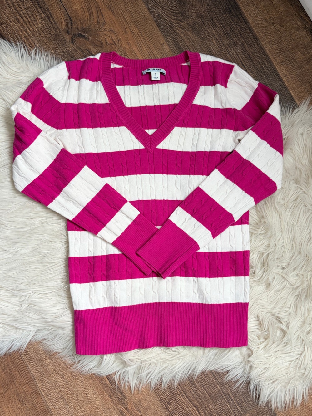 Old Navy Magenta Pink and White Striped V-Neck Cable Knit Sweater